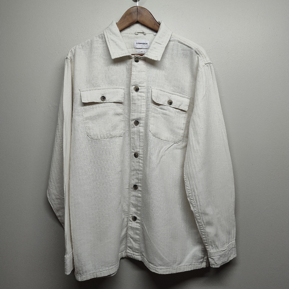 Lindbergh Button Down Shirt Men XL Off White Long Sleeve Linen Cotton Minimalist